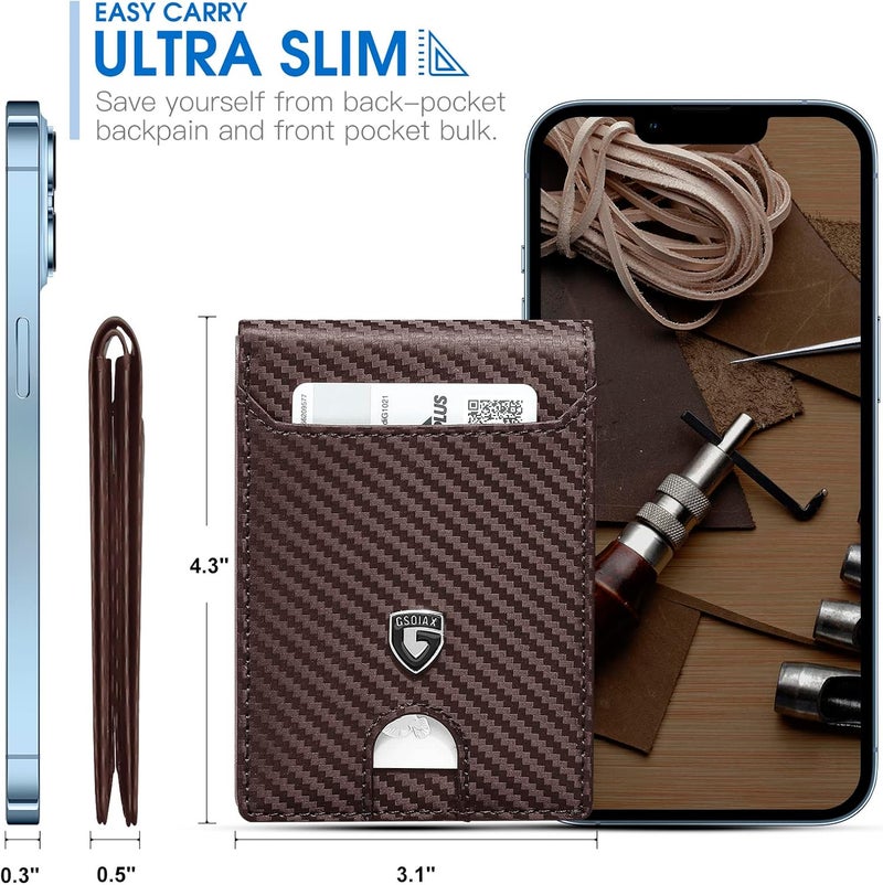 GSOIAX Slim Wallet for Men RFID Blocking Bifold Wallet Carbon Fiber Front Pocket Wallet with 11 Card Holder Minimalist Mens Wallet with Gift Box(Carbon Fiber - Coffee) - Image 3